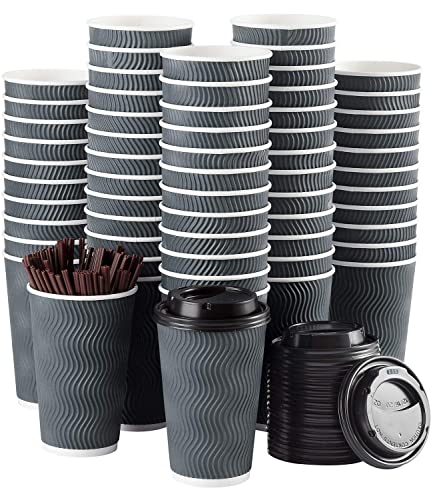 Disposable Coffee Cups with Lids and Straws - 16 oz (90 Set) Togo Hot Paper Coffee Cup with Lid To Go for Beverages Espresso Tea Insulated Reusable Cold Drinks Ripple Cups Protect Fingers From Heating