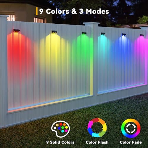 Bridika Solar Fence Lights, Fence Lights Solar Power, Solar Lights Outdoor Waterproof Warm White & Color Glow LED Solar Lights for Backyard, Patio, Deck Railing, Step and Wall, Christmas (8 Pack)