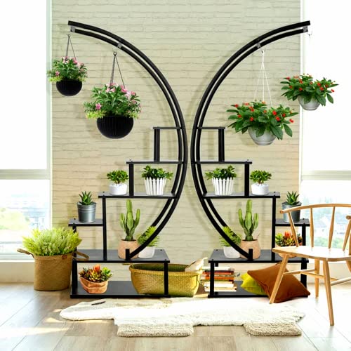 Elevens 2 Pcs 6 Tier Tall Metal Indoor Plant Stand Half-Moon-Shaped Plant Shelf Holder Multi-Purpose Plant Stands Plants Decor Plant Stands for Home Decoration (Round-Black)