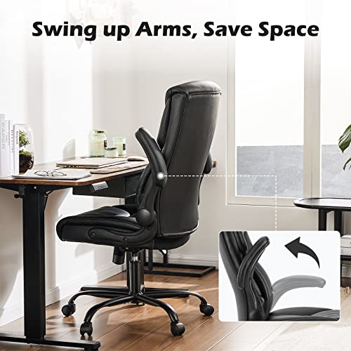 JHK Executive High Back Big and Tall Leather Office Desk Chairs with Flip Up Arms Ergonomic Lumbar Support, Adjustable Height,Wheels, Soft Padded, Black