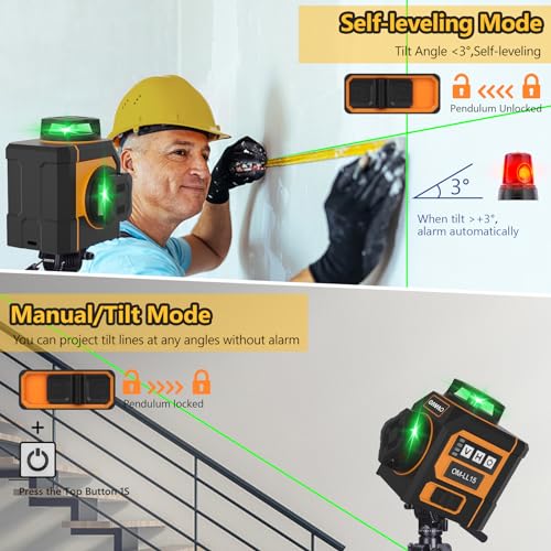 OMMO Laser Level, 12 Lines Green Laser Level 360 Self-leveling, 3x360° 3D Green Cross Line Laser Swivel Level with Rotatable Laser Window Battery and Remote Control