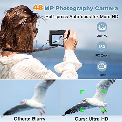 4K Digital Camera for Photography and Video Autofocus Anti-Shake, 48MP Vlogging Camera with SD Card, 3'' 180ยฐ Flip Screen Compact Camera with Flash, 16X Digital Zoom Travel Camera (2 Batteries)