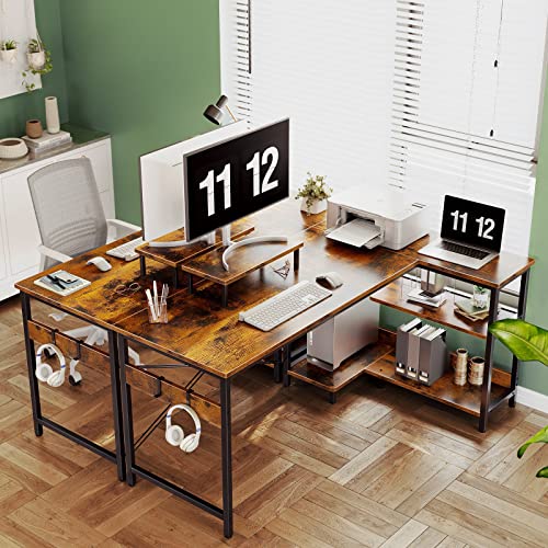 ODK Small L Shaped Computer Desk with Reversible Storage Shelves, 58 Inch L-Shaped Corner Desk with Monitor Stand for Small Space, Modern Simple Writing Study Table for Home Office, Rustic Brown