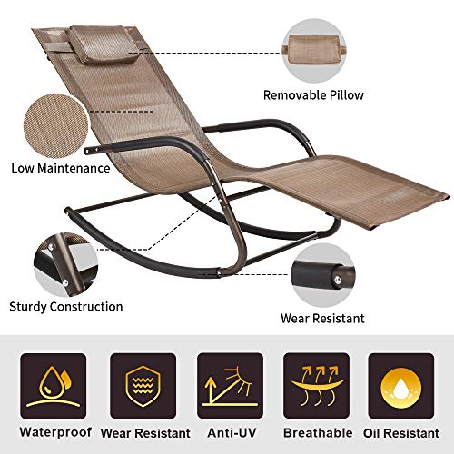 Wostore Rocking Lounger Patio Chaise Sunbathing Chair with Recliner Movable Sleep Bed Included Pillow and Breathable Texteline Farbic-Brown