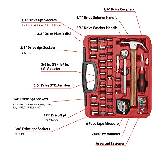 Performance Tool W1532 107pc Home & Auto Tool Set, Hand Tools - Tool Sets , Red