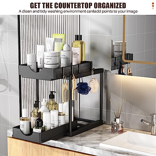 ARSTPEOE 2 Pack Double Sliding Under Sink Organizers and Storage,Two Tier Bathroom Storage and organization,Under Cabinet Organizer with Hooks Hanging Cup,Home Organization,Black