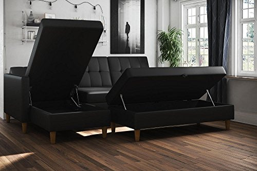 DHP Hartford Storage Sectional Futon with Interchangeable Chaise, Space-saving Design with Multi-position Back, Wooden Legs, Black Faux Leather