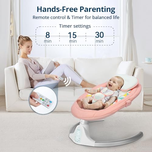 Bioby Electric Baby Swing for Infants, Portable Baby Swing for Newborn Boy Girls with 5 Swing Speeds, Bluetooth Touch Screen/Remote Control, Baby Rocker Chair with Music Speaker 5 Point Harness Pink