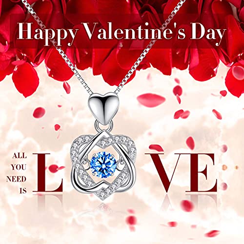 Sparkling Dancing Diamond Necklace - Dainty 925 Sterling Silver Pendant with Cubic Zirconia Birthstones for Women and Girls - Ideal Gift for Valentine's Day, Christmas (HeartBlue)