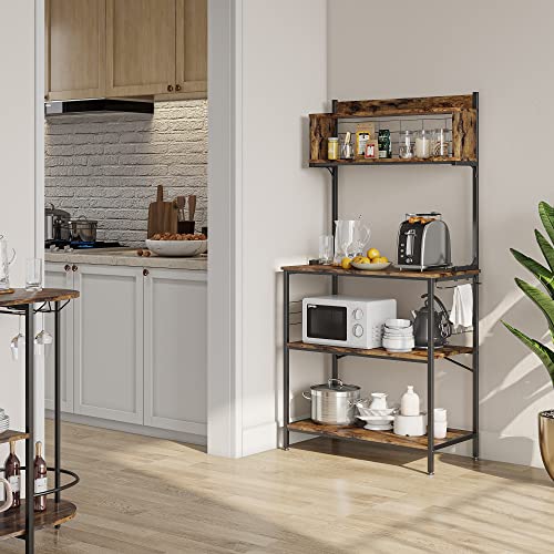 Bestier Kitchen Baker's Rack Coffee Station Microwave Oven Stand Kitchen Shelf with Hutch 8 Side Hooks Free Standing Utility Storage Shelf for Kitchen Dining Room Living Room