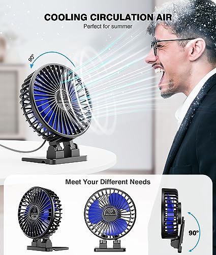 JZCreater USB Desk Fan, Mini Fan Portable, 3 Speeds Desktop Table Cooling Fan, Plug in Power Fan, Rotation Strong Wind, Quiet Personal Small Fan for Home Desktop Office Travel Bedroom, Black Blue