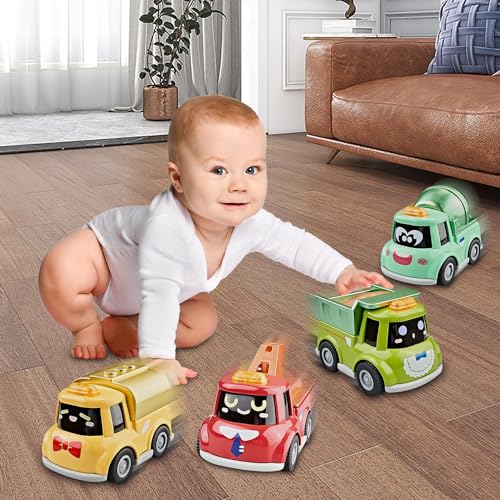 KIDAMI 4 PCS Die-Cast Metal Toy Cars & Trucks, Toddler Cartoon Pull Back Cars for Kids Birthday Gift Toys, Toddler Toys for 1 2 3 4 Years Old Boys Girls