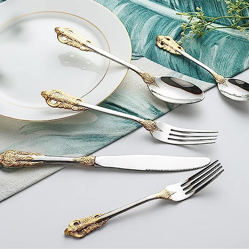 Runfly Gorgeous Baroque Silver Gold 18/10 Stainless Steel 20 Pieces Flatware Set, Anti-rust Stainless Steel Gold Cutlery Set Utensils Including Fork Spoon and Knife with Gift Box