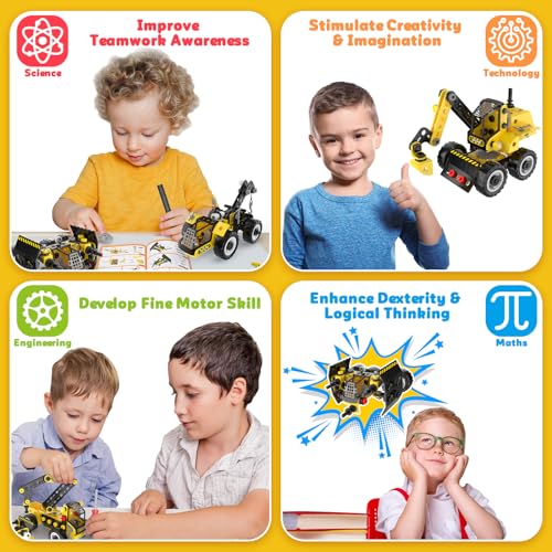 Goodfuns 222 Pcs STEM Building Toys for 4 5 6 7 8 9 10 11 12 Year Old Kids Boys Girls, 8 in 1 STEM Project Educational Toys, Learning Excavator Construction Toys Game, Kids Birthday
