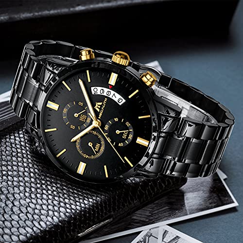 MEGALITH Mens Watches 45mm Chronograph Quartz Men's Wrist Watches Stainless Steel Black Waterproof Business Dress Watches for Men Luminous Date, Gifts for Men