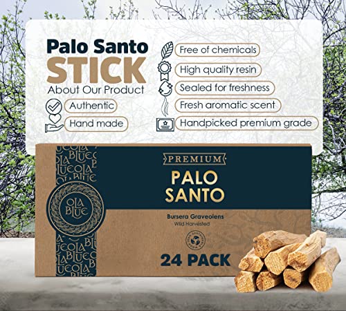 Ola Blue Palo Santo Sticks Premium Resin (24-Pack) Peruvian Authentic - substantially harvested Hand Picked Incense Sticks Energy Cleansing Smudging Sticks – Natural (Holy Wood)