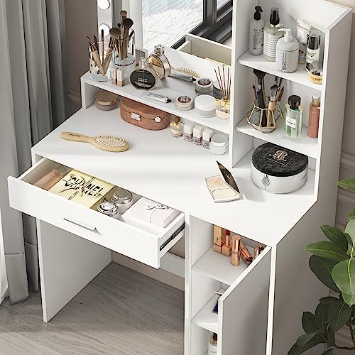 Palimder Vanity Desk with Mirror & Light, Large Drawer & Three Level Storage Dresser, 3 Lighting Modes Adjustable Brightness, Bedroom Dressing Table (White)