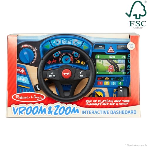 Melissa & Doug Vroom & Zoom Interactive Wooden Dashboard Steering Wheel Pretend Play Driving Toy - Kids Activity Board, Toddler Sensory Toys For Ages 3+