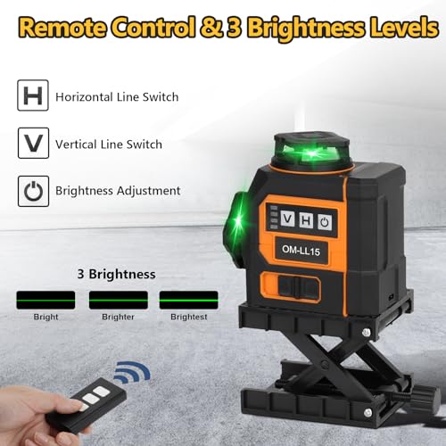 OMMO Laser Level, 12 Lines Green Laser Level 360 Self-leveling, 3x360° 3D Green Cross Line Laser Swivel Level with Rotatable Laser Window Battery and Remote Control