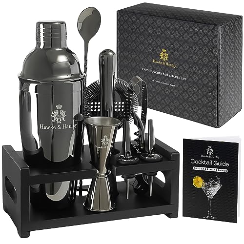 Hawke & Hanley Mixology Bartender Kit: Cocktail Shaker Bar Set with a Martini Shaker, Bar Tools and Black Bamboo Stand | Bartending Kit with Recipe Book | Unique Housewarming Gift (Black)