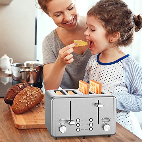 WHALL 4 Slice Toaster Stainless Steel,Toaster-6 Bread Shade Settings,Bagel/Defrost/Cancel Function with Dual Control Panels,Extra Wide Slots,Removable Crumb Tray,for Various Bread Types 1500W