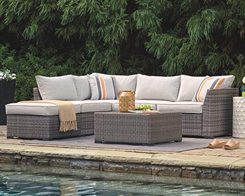 Signature Design by Ashley Outdoor Cherry Point 4 Piece Seating Set with Ottoman & Cocktail Table, Gray