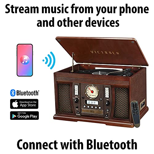 Victrola Aviator 8-in-1 Bluetooth Record Player & Multimedia Center with Built-in Stereo Speakers - 3-Speed Turntable, Vinyl to MP3 Recording | Wireless Music Streaming | Espresso