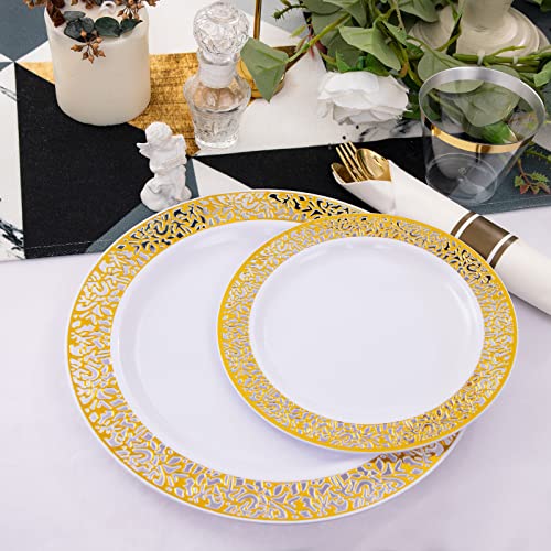 WELLIFE 350 Pieces Gold Plastic Dinnerware,Disposable Gold Lace Plates, Include:50 Dinner Plates,50 Dessert Plates, 50 Pre Rolled Napkins with Gold Silverware and 50 Cups