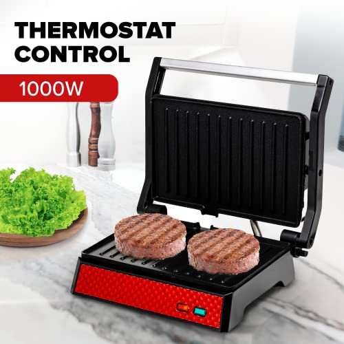 OVENTE Electric Indoor Panini Press Grill and Sandwich Maker with Non-Stick Coated Plates, Opens 180 Degrees to Fit Any Type or Size Food, Temperature Control and Removable Drip Tray, Red GP0540R