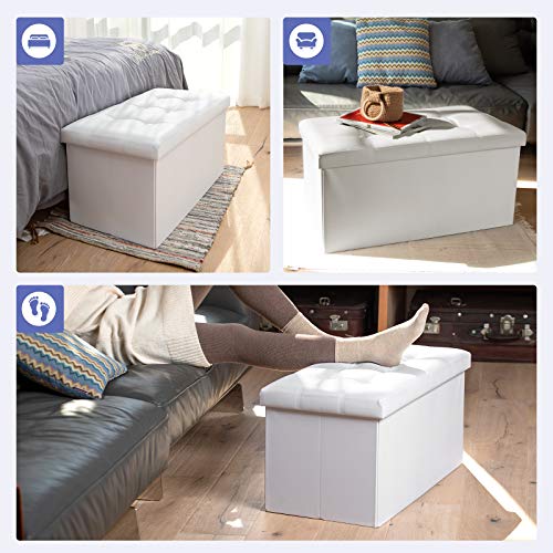 COSYLAND Ottoman Bench with Storage 30x15x15 inches White Ottoman for Room Folding Leather Ottoman Footrest Footstool Rectangle Collapsible Furniture with Lid for Bedroom Living Room