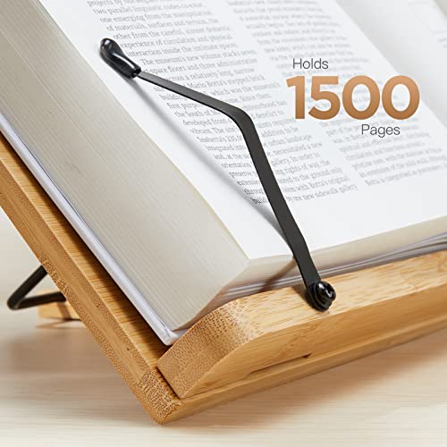 Pipishell Bamboo Book Stand, Cookbook Stands Reading Book Holder with 5 Adjustable Height, Foldable Wooden Cookbook Holder for Textbook, Receipe, Music Books, Tablet