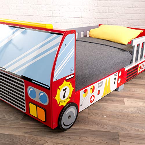 KidKraft Fire Truck Wooden Toddler Bed with Guard Rails, Children's Furniture - Red, Gift for Ages 15 mo+