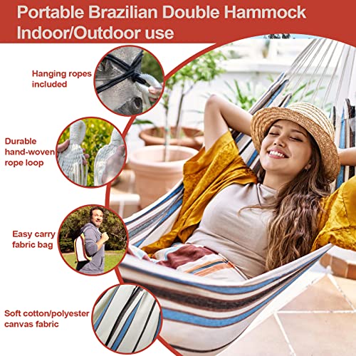 JoyView Brazilian Hammock for Single Preson Portable Hammock with Hanging Ropes & Carry Bag Large 78.8x39.4” Cotton Hammock for Patio 300LBS Capacity Perfect for Outdoor/Indoor - Blue & Green Stripes