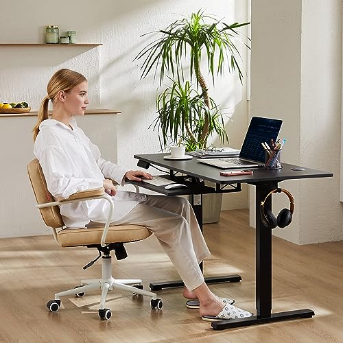 Sweetcrispy Standing Desk with Pull Out Keyboard Tray-48 in Electric Standing Desk, Height Adjustable Stand Up Desk for Home Office, Sit Stand Desk Stable Computer Rising Desk, 2 Storage Hooks, Black