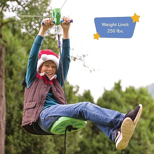 HearthSong 100-Foot Green Galvanized Steel Backyard Zipline Kit, Adjustable/Removable Seat, Rubber Brake for Safety, Non-Slip Handles, Fully Enclosed Carriage, 250 lbs., Ages 8 and Up