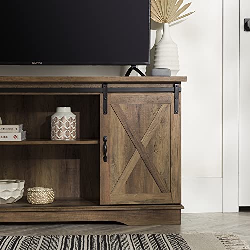 Walker Edison Richmond Modern Farmhouse Sliding Barn Door Stand for TVs up to 65 Inches, Without Fireplace, Rustic Oak