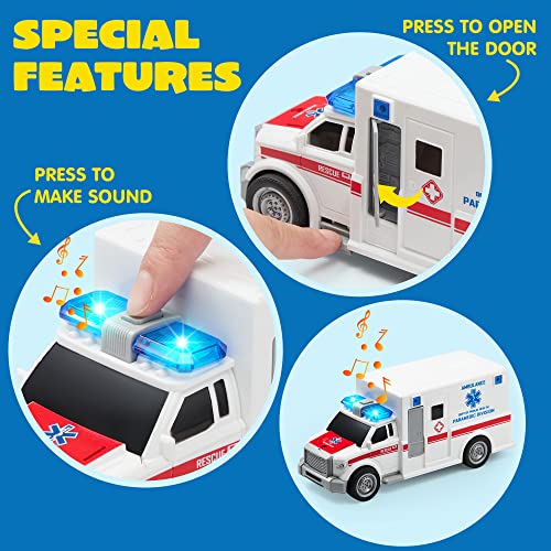 JOYIN 4 Packs Emergency Vehicle Toy Playsets, Friction Powered Vehicles with Light and Sound, Including Fire Truck, Ambulance Toy, Play Police Car and Toy Helicopter, Best Toddler Kids Boys Gifts