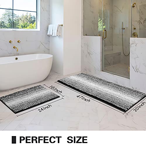 BSICPRO Bathroom Rugs and Mats Sets, 2 Piece Thick Absorbent Chenille Bath Mat Rug Set Non Slip, Soft Shaggy Bath Room Floor Mats for Bathroom, Machine Washable (20" x 47" Plus 16" x 24", Black)