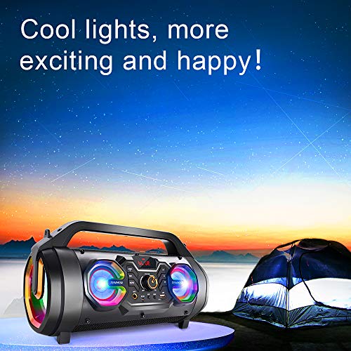 Bluetooth Speaker, 30W Portable Bluetooth Boombox with Subwoofer, FM Radio, RGB Colorful Lights, EQ, Stereo Sound, Booming Bass, 10H Playtime Wireless Outdoor Speaker for Home, Party, Travel, Camping