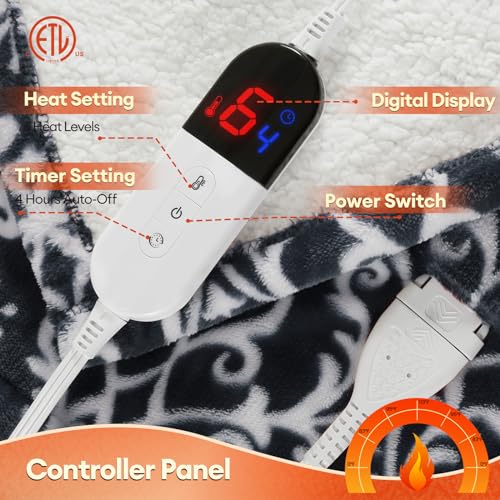 MAXEVE Heated Blanket Electric Sherpa Throw 50 * 62 with 6 Heating Levels & 4 Hours Auto Off for Safety, Fast Heating Warm Cozy Blanket with Over-Heat Protection, ETL Certification (Grey, 50''x62'')