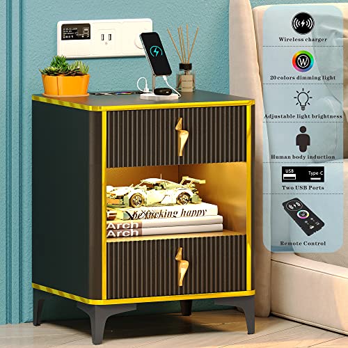 Nightstand Bedside Table with Charging Station: Smart Night Stand with Auto Sensor RGB 20 Color Dimmable for Bedroom Furniture - Modern End Side Table wth LED Lights & 2 Drawers