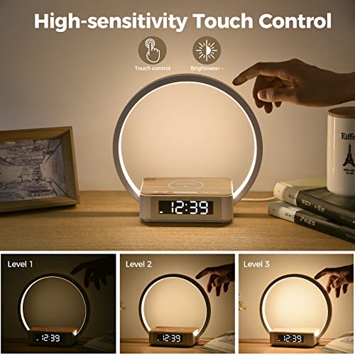 blonbar Bedside Lamp Qi Wireless Charger LED Desk Lamp with Alarm Clock, Touch Control 3 Light Hues, 10W Max Wireless Charging Table Lamp,Eye-Caring Reading Light for Kids, Adults, Home.