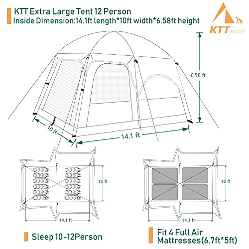 KTT Extra Large Tent 10-12 Person(B), Cabin Tents with 2 Rooms, Straight Wall, 3 Doors and 3 Windows with Mesh, Waterproof, Double Layer - Big for Outdoor Camping, Picnic, Family Gathering (Brown).