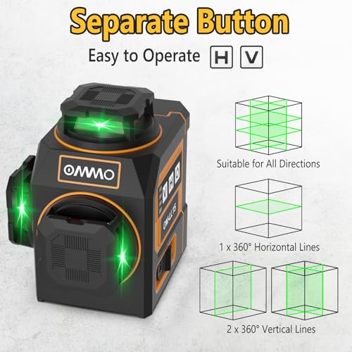 OMMO Laser Level, 12 Lines Green Laser Level 360 Self-leveling, 3x360° 3D Green Cross Line Laser Swivel Level with Rotatable Laser Window Battery and Remote Control