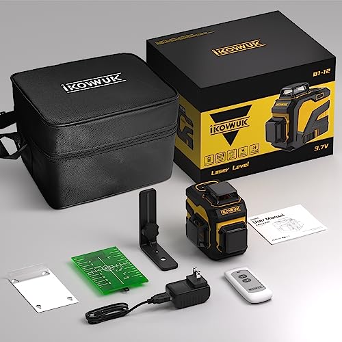 Laser Level, IKOVWUK 3x360° Cross Line Laser for Construction and Picture Hanging, 12 Green Lasers with Self-leveling, 65 ft Vertical & Horizontal Line, Level Tool with 5200 mAh Rechargeable Battery