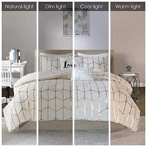 Intelligent Design Raina King / Cal King Comforter Set, Soft Microfiber Comforter Set King, Modern Geometric Metallic Bed Set, 5 Pieces College Bedding Comforter Set with 2 Shams, 2 Toss Pillows Ivory