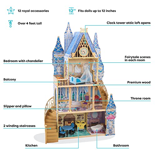 KidKraft Disney® Princess Cinderella Royal Dream Wooden Castle Dollhouse, Over 4 Feet Tall with 12 Pieces, Blue, Gift for Ages 3+