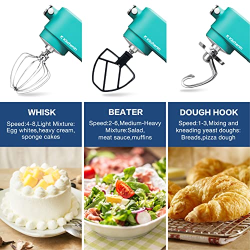 All Metal Stand Mixer,Kitchenin 5.3-Quart 8-Speeds Tilt-Head Food Mixer,400 Watt DC Motor Electric Stand Mixer with 12-Wire Whip,Flat Beater,Stainless Steel Dough Hook & Pouring Shield,Light Blue
