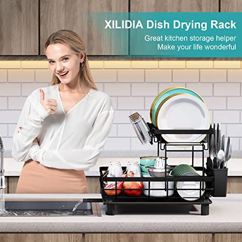 XILIDIA Dish Racks for Kitchen Counter, 2 Tier Dish Drying Rack with Drainboard, Large Capacity Dish Drainer with Utensil Holder and Extra Dish Drying Mat