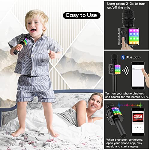 BONAOK Karaoke Microphone for Kids Adults Wireless Mic with Bluetooth Speaker Rechargeable Portable Handheld Echo Microphones with Disco Light for Party Home Outdoor Speaking Singing,Q37L (Black)